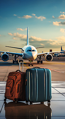 JPG 구름 편집이미지 여행 하늘 비행기 사람없음 반사 캐리어 공항 디지털합성 편집실사 AI포토 AI콘텐츠 자연요소 항공교통 교통시설 대중교통 여행가방 CG 파일형식