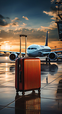 JPG 구름 편집이미지 여행 하늘 비행기 사람없음 햇빛 반사 캐리어 일몰 공항 디지털합성 편집실사 AI포토 AI콘텐츠 자연요소 항공교통 교통시설 대중교통 태양 노을 여행가방 CG 파일형식