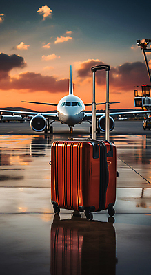JPG 구름 편집이미지 여행 하늘 비행기 사람없음 반사 캐리어 일몰 공항 디지털합성 편집실사 AI포토 AI콘텐츠 자연요소 항공교통 교통시설 대중교통 노을 여행가방 CG 파일형식