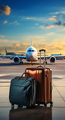 JPG 구름 편집이미지 여행 하늘 비행기 사람없음 반사 캐리어 공항 디지털합성 편집실사 AI포토 AI콘텐츠 자연요소 항공교통 교통시설 대중교통 여행가방 CG 파일형식