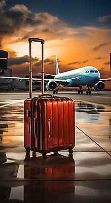 JPG 구름 편집이미지 여행 하늘 비행기 사람없음 반사 캐리어 일몰 공항 디지털합성 편집실사 AI포토 AI콘텐츠 자연요소 항공교통 교통시설 대중교통 노을 여행가방 CG 파일형식