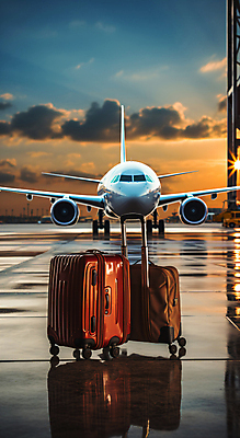 JPG 구름 편집이미지 여행 하늘 비행기 사람없음 햇빛 반사 캐리어 일몰 공항 디지털합성 편집실사 AI포토 AI콘텐츠 자연요소 항공교통 교통시설 대중교통 태양 노을 여행가방 CG 파일형식