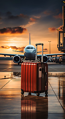 JPG 구름 편집이미지 여행 하늘 비행기 사람없음 반사 캐리어 일몰 공항 디지털합성 편집실사 AI포토 AI콘텐츠 자연요소 항공교통 교통시설 대중교통 노을 여행가방 CG 파일형식