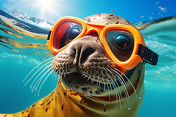 JPG 편집이미지 한마리 바다 사람없음 여름 햇빛 바다동물 물방울 디지털합성 바다사자 잠수경 편집실사 AI포토 AI콘텐츠 동물 1 계절 포유류 태양 수중동물 물안경 CG 파일형식