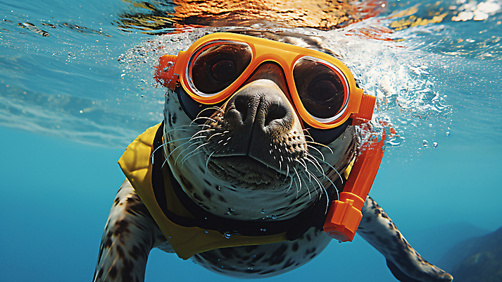 JPG 편집이미지 한마리 바다 사람없음 여름 바닷속 수중 바다동물 잠수 디지털합성 바다사자 잠수경 편집실사 AI포토 AI콘텐츠 동물 1 계절 포유류 수중동물 물안경 CG 파일형식