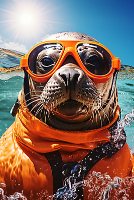 JPG 편집이미지 한마리 바다 하늘 사람없음 여름 햇빛 바다동물 물방울 디지털합성 바다사자 잠수경 편집실사 AI포토 AI콘텐츠 동물 1 계절 포유류 태양 수중동물 물안경 CG 파일형식