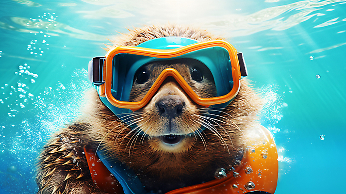 JPG 편집이미지 한마리 바다 사람없음 여름 바닷속 수중 설치류 잠수 디지털합성 물거품 잠수경 비버 편집실사 AI포토 AI콘텐츠 동물 1 계절 거품 물안경 CG 파일형식