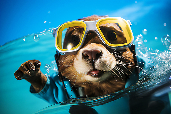 JPG 편집이미지 한마리 바다 사람없음 여름 손들기 물방울 디지털합성 튀는물 잠수경 수달 편집실사 AI포토 AI콘텐츠 1 계절 모션 물안경 CG 액체표현 스플래쉬 파일형식