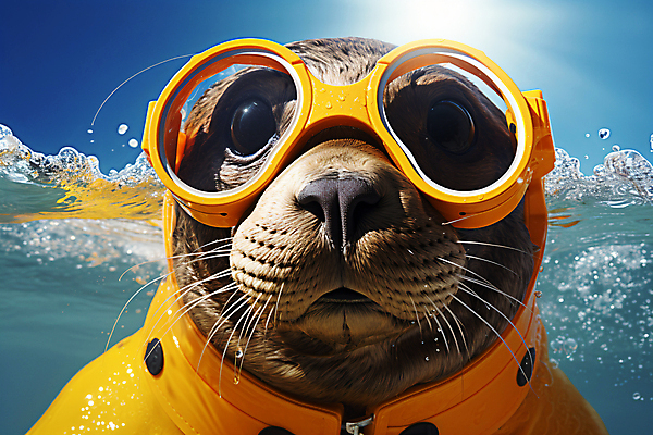 JPG 편집이미지 한마리 바다 사람없음 여름 햇빛 바다동물 물방울 디지털합성 바다사자 잠수경 편집실사 AI포토 AI콘텐츠 동물 1 계절 포유류 태양 수중동물 물안경 CG 파일형식