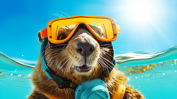 JPG 편집이미지 한마리 바다 하늘 사람없음 여름 햇빛 설치류 디지털합성 잠수경 비버 편집실사 AI포토 AI콘텐츠 동물 1 계절 태양 물안경 CG 파일형식