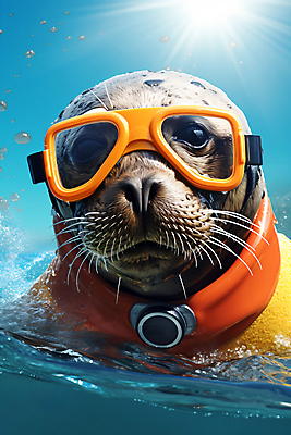 JPG 편집이미지 한마리 바다 하늘 사람없음 여름 햇빛 바다동물 물방울 디지털합성 바다사자 잠수경 편집실사 AI포토 AI콘텐츠 동물 1 계절 포유류 태양 수중동물 물안경 CG 파일형식