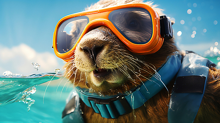 JPG 편집이미지 한마리 바다 사람없음 여름 물방울 설치류 디지털합성 잠수경 비버 편집실사 AI포토 AI콘텐츠 동물 1 계절 물안경 CG 파일형식