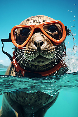 JPG 편집이미지 한마리 바다 사람없음 여름 바다동물 물방울 디지털합성 튀는물 바다사자 잠수경 편집실사 AI포토 AI콘텐츠 동물 1 계절 포유류 수중동물 물안경 CG 액체표현 스플래쉬 파일형식