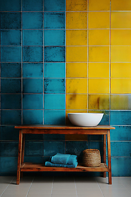 JPG 편집이미지 탁자 사람없음 인테리어 수건 노란색 바구니 타일 세면대 청록색 타일바닥 타일벽 편집실사 AI포토 AI콘텐츠 디자인 벽 컬러 가구 바닥 위생용품 CG 파일형식