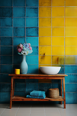 JPG 편집이미지 탁자 사람없음 인테리어 수건 노란색 바구니 사각형 꽃병 타일 세면대 청록색 타일바닥 타일벽 편집실사 AI포토 AI콘텐츠 도형 디자인 꽃 벽 컬러 가구 바닥 위생용품 CG 파일형식