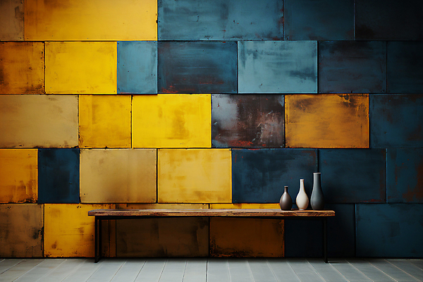 JPG 편집이미지 화분 패턴 탁자 사람없음 인테리어 노란색 병 남색 타일 타일벽 편집실사 AI포토 AI콘텐츠 식기 디자인 벽 컬러 가구 무늬 CG 파일형식