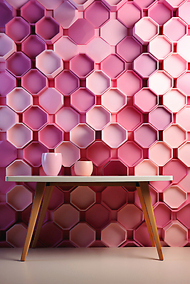 JPG 편집이미지 화분 분홍색 탁자 사람없음 인테리어 병 타일 육각형 편집실사 AI포토 AI콘텐츠 도형 식기 디자인 컬러 가구 CG 파일형식