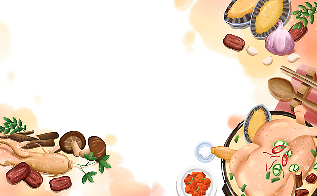 PSD 한식 일러스트 젓가락 프레임 마늘 사람없음 여름 버섯 닭 복날 인삼 깍두기 대추 전복 삼계탕 나무숟가락 카피스페이스 국내일러스트 계절 기념일 음식 채소 조류 어패류 김치 수저 숟가락 공백 삼 보양식 파일형식