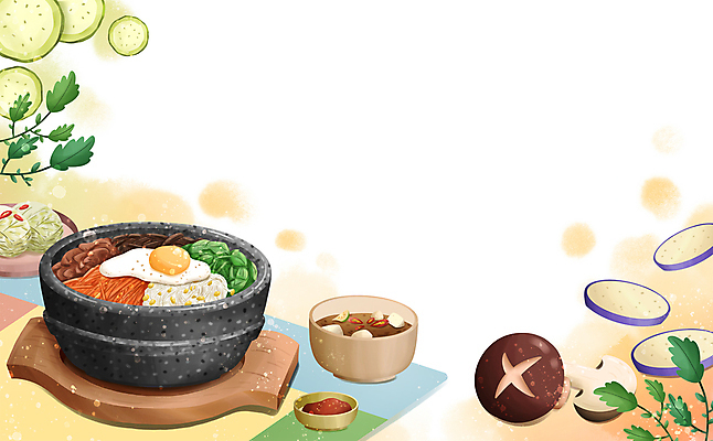 PSD 한식 일러스트 가지 프레임 사람없음 전통음식 고추장 비빔밥 표고버섯 돌솥 돌솥비빔밥 된장국 카피스페이스 국내일러스트 전통 음식 채소 버섯 공백 양념 국 파일형식