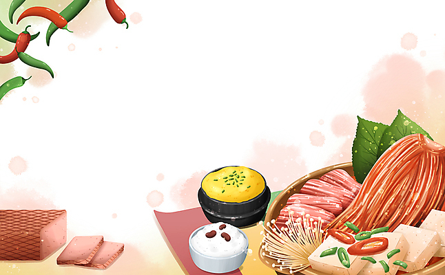 PSD 한식 일러스트 고추 밥 김치 프레임 돼지고기 사람없음 햄 깻잎 두부 팽이버섯 쌀밥 계란찜 김치찜 카피스페이스 국내일러스트 음식 채소 육류 버섯 공백 계란요리 찜 파일형식