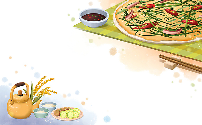 PSD 한식 일러스트 젓가락 주전자 프레임 사람없음 벼 간장 막걸리 파전 호박전 카피스페이스 막걸리잔 국내일러스트 음식 술잔 주방용품 곡류 주류 수저 공백 양념 전 부침개 파일형식