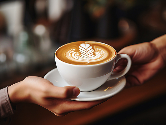 JPG 편집이미지 손 들기 아웃포커스 신체부위 카페 머그컵 커피잔 컵받침 주기 라떼아트 카페라떼 편집실사 AI인물포토 AI콘텐츠 커피 모션 잔 촬영기법 사람 컵 상점 받침대 CG 그림 라떼 파일형식 AI포토