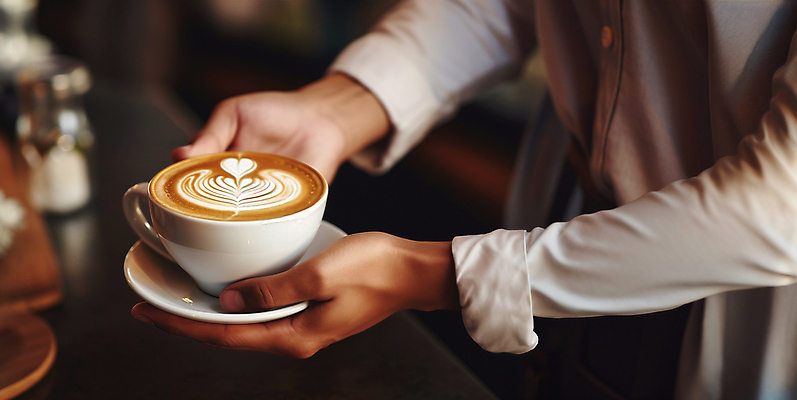 JPG 편집이미지 한명 들기 사람 상반신 성인 카페 머그컵 커피잔 컵받침 주기 라떼아트 카페라떼 성인한명만 편집실사 AI인물포토 AI콘텐츠 1 커피 모션 잔 컵 상점 받침대 CG 그림 라떼 성인만 파일형식 AI포토