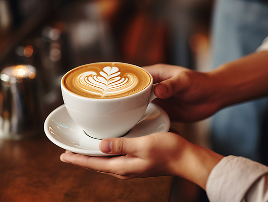 JPG 편집이미지 손 들기 아웃포커스 신체부위 카페 머그컵 커피잔 컵받침 주기 라떼아트 카페라떼 편집실사 AI인물포토 AI콘텐츠 커피 모션 잔 촬영기법 사람 컵 상점 받침대 CG 그림 라떼 파일형식 AI포토