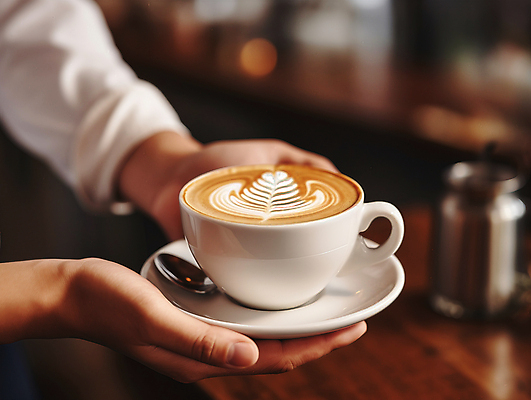 JPG 편집이미지 손 들기 아웃포커스 신체부위 카페 머그컵 커피잔 컵받침 주기 라떼아트 카페라떼 편집실사 AI인물포토 AI콘텐츠 커피 모션 잔 촬영기법 사람 컵 상점 받침대 CG 그림 라떼 파일형식 AI포토