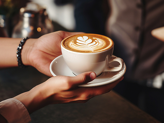 JPG 편집이미지 손 들기 아웃포커스 신체부위 카페 머그컵 커피잔 컵받침 주기 라떼아트 카페라떼 편집실사 AI인물포토 AI콘텐츠 커피 모션 잔 촬영기법 사람 컵 상점 받침대 CG 그림 라떼 파일형식 AI포토