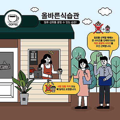 전신 나무 구름 여자 남자 화분 말풍선 일러스트 하늘 건강 들기 상반신 성인 세명 카페 가리킴 커피잔 계산대 주기 사이즈 주문 식습관 성인만 국내일러스트 AI파일 자연요소 식물 커피 모션 잔 사람 손짓 상점 파일형식 벡터