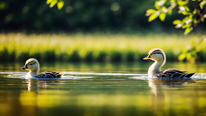 JPG 편집이미지 호수 새끼 두마리 자연 오리 풍경 사람없음 아웃포커스 초록색 여름 디지털합성 편집실사 AI포토 AI콘텐츠 동물 계절 컬러 2 조류 촬영기법 CG 생태계 파일형식