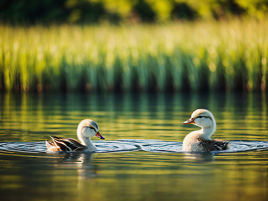 JPG 편집이미지 호수 새끼 두마리 자연 오리 풍경 사람없음 아웃포커스 초록색 여름 디지털합성 편집실사 AI포토 AI콘텐츠 동물 계절 컬러 2 조류 촬영기법 CG 생태계 파일형식