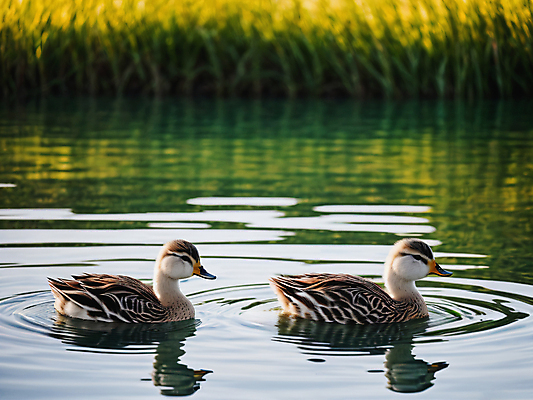 JPG 편집이미지 호수 새끼 두마리 자연 오리 풍경 사람없음 초록색 여름 반사 디지털합성 편집실사 AI포토 AI콘텐츠 동물 계절 컬러 2 조류 CG 생태계 파일형식