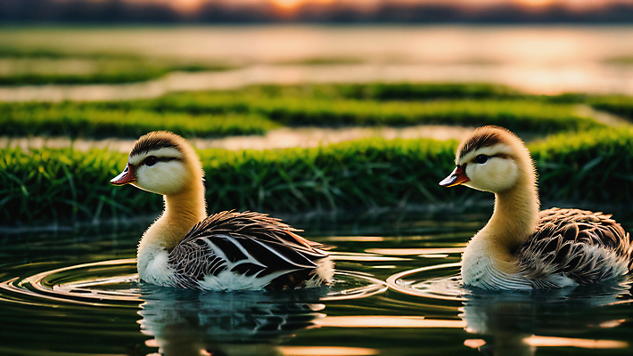 JPG 편집이미지 호수 새끼 두마리 자연 오리 풍경 사람없음 초록색 여름 디지털합성 편집실사 AI포토 AI콘텐츠 동물 계절 컬러 2 조류 CG 생태계 파일형식