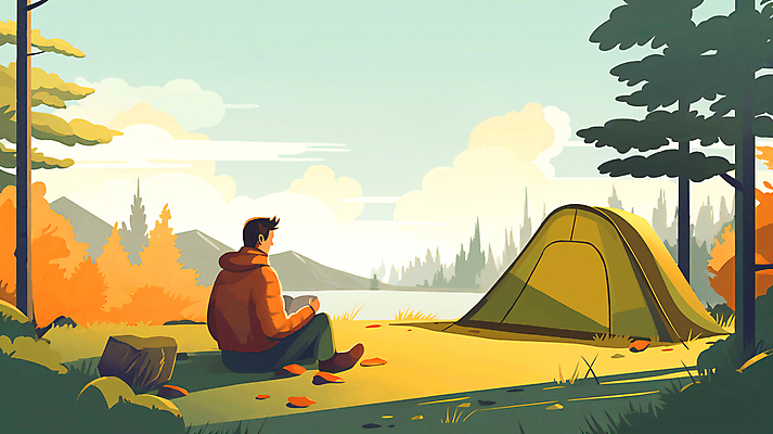 JPG 전신 구름 남자 일러스트 하늘 나뭇잎 텐트 한명 앉기 풍경 초원 성인 책 독서 캠핑 가을 바위 숲 성인남자한명만 국내일러스트 AI일러스트 AI콘텐츠 자연요소 1 계절 잎 모션 레저 캠핑도구 사람 돌_바위 남자한명만 성인남자만 파일형식