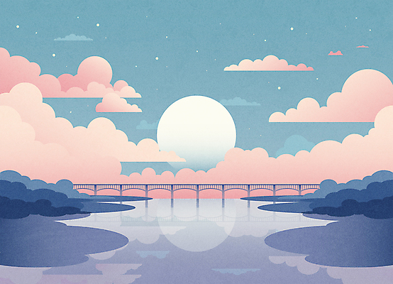 구름 별 바다 분홍색 섬 일러스트 하늘 풍경 사람없음 파란색 강 판타지 컬러풀 태양 반사 달 파스텔톤 가교 국내일러스트 AI파일 자연요소 건축물 컬러 상상 파일형식 벡터