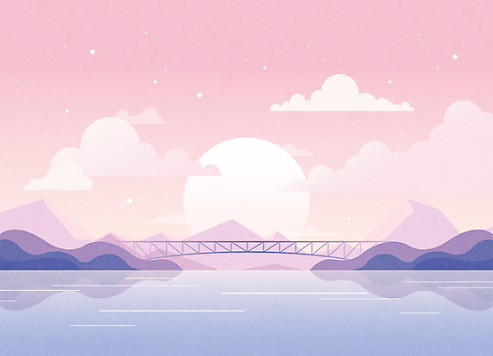 구름 별 바다 분홍색 섬 일러스트 하늘 풍경 사람없음 강 판타지 컬러풀 태양 반사 달 연보라색 파스텔톤 가교 국내일러스트 AI파일 자연요소 건축물 컬러 상상 보라색 파일형식 벡터