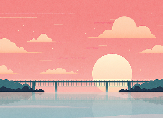 구름 별 바다 분홍색 섬 일러스트 하늘 풍경 사람없음 강 판타지 컬러풀 태양 반사 달 파스텔톤 가교 국내일러스트 AI파일 자연요소 건축물 컬러 상상 파일형식 벡터