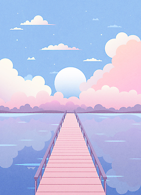 구름 별 바다 분홍색 섬 일러스트 난간 하늘 풍경 사람없음 물 파란색 강 판타지 컬러풀 태양 달 파스텔톤 가교 국내일러스트 AI파일 자연요소 건축물 컬러 상상 파일형식 벡터