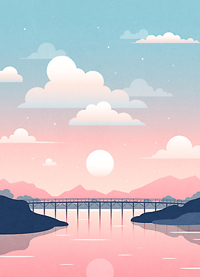구름 별 바다 분홍색 섬 하늘색 일러스트 하늘 풍경 사람없음 강 판타지 태양 반사 달 파스텔톤 가교 국내일러스트 AI파일 자연요소 건축물 컬러 상상 파란색 파일형식 벡터