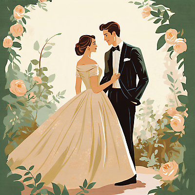 JPG 전신 커플 여자 남자 꽃 웨딩드레스 결혼 일러스트 정장 성인 두명 장미 마주보기 로맨틱 신랑신부 성인만 국내일러스트 AI일러스트 AI콘텐츠 식물 드레스 옷 신부_웨딩 신랑 컨셉 관계 모션 사람 이벤트 파일형식