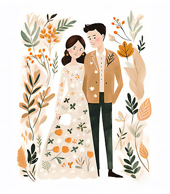 JPG 전신 커플 여자 남자 꽃 부케 웨딩드레스 결혼 잎 일러스트 동화 들기 정장 성인 두명 로맨틱 신랑신부 성인만 국내일러스트 AI일러스트 AI콘텐츠 식물 드레스 옷 신부_웨딩 꽃다발 신랑 컨셉 관계 모션 사람 이벤트 파일형식