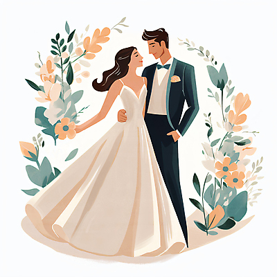 JPG 전신 커플 여자 남자 꽃 웨딩드레스 허리손 결혼 일러스트 정장 성인 두명 마주보기 로맨틱 주머니손 신랑신부 성인만 국내일러스트 AI일러스트 AI콘텐츠 식물 드레스 옷 신부_웨딩 포즈 신랑 컨셉 관계 모션 사람 이벤트 파일형식
