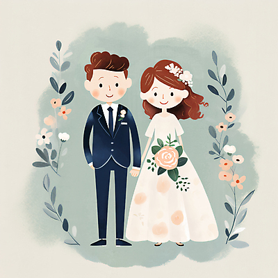 JPG 전신 커플 여자 남자 꽃 부케 웨딩드레스 결혼 일러스트 동화 프레임 정장 성인 두명 손잡기 로맨틱 신랑신부 성인만 국내일러스트 AI일러스트 AI콘텐츠 식물 드레스 옷 신부_웨딩 꽃다발 신랑 컨셉 관계 모션 사람 이벤트 파일형식