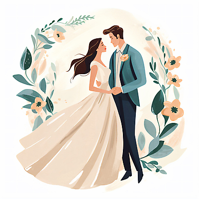 JPG 전신 커플 여자 남자 꽃 웨딩드레스 허리손 결혼 일러스트 프레임 정장 성인 두명 마주보기 손잡기 로맨틱 신랑신부 성인만 국내일러스트 AI일러스트 AI콘텐츠 식물 드레스 옷 신부_웨딩 포즈 신랑 컨셉 관계 모션 사람 이벤트 파일형식