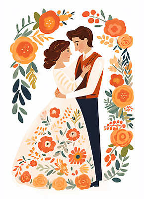 JPG 전신 커플 여자 남자 꽃 웨딩드레스 결혼 일러스트 포옹 동화 프레임 정장 성인 두명 마주보기 주황색 로맨틱 신랑신부 성인만 국내일러스트 AI일러스트 AI콘텐츠 식물 드레스 옷 신부_웨딩 컬러 신랑 컨셉 관계 안기 모션 사람 이벤트 파일형식