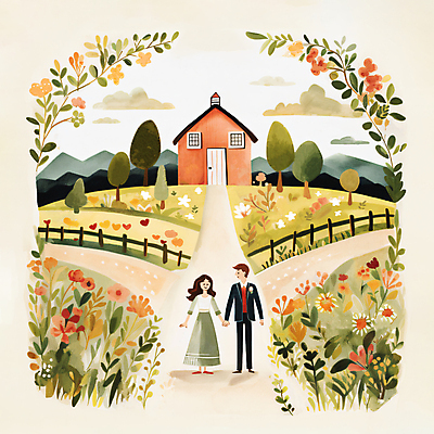 JPG 전신 나무 구름 커플 여자 남자 꽃 웨딩드레스 결혼 꽃밭 일러스트 하늘 동화 수채화 주택 프레임 정장 초원 성인 두명 손잡기 로맨틱 신랑신부 성인만 국내일러스트 AI일러스트 AI콘텐츠 자연요소 식물 드레스 옷 신부_웨딩 신랑 컨셉 관계 모션 사람 이벤트 건물 파일형식