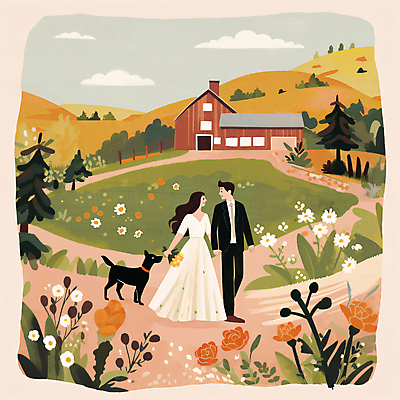 JPG 전신 나무 구름 커플 여자 남자 꽃 부케 웨딩드레스 결혼 꽃밭 일러스트 하늘 동화 주택 정장 초원 성인 두명 로맨틱 강아지 숲 신랑신부 성인만 국내일러스트 AI일러스트 AI콘텐츠 자연요소 식물 드레스 옷 신부_웨딩 꽃다발 신랑 컨셉 관계 사람 이벤트 건물 반려동물 개 파일형식