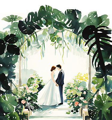 JPG 전신 커플 여자 남자 꽃 웨딩드레스 결혼 일러스트 수채화 프레임 정장 성인 두명 초록색 마주보기 정원 손잡기 로맨틱 몬스테라 신랑신부 온실 성인만 트로피컬아트 국내일러스트 AI일러스트 AI콘텐츠 식물 드레스 옷 신부_웨딩 컬러 신랑 컨셉 관계 모션 사람 이벤트 그림 파일형식